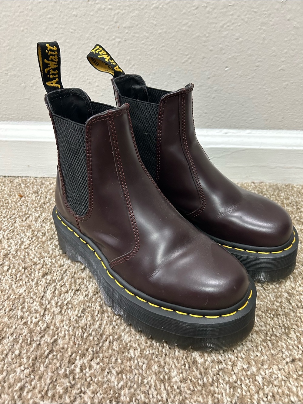 Dr. Martens Burgundy Platform Chelsea Boots with Yellow Stitching
